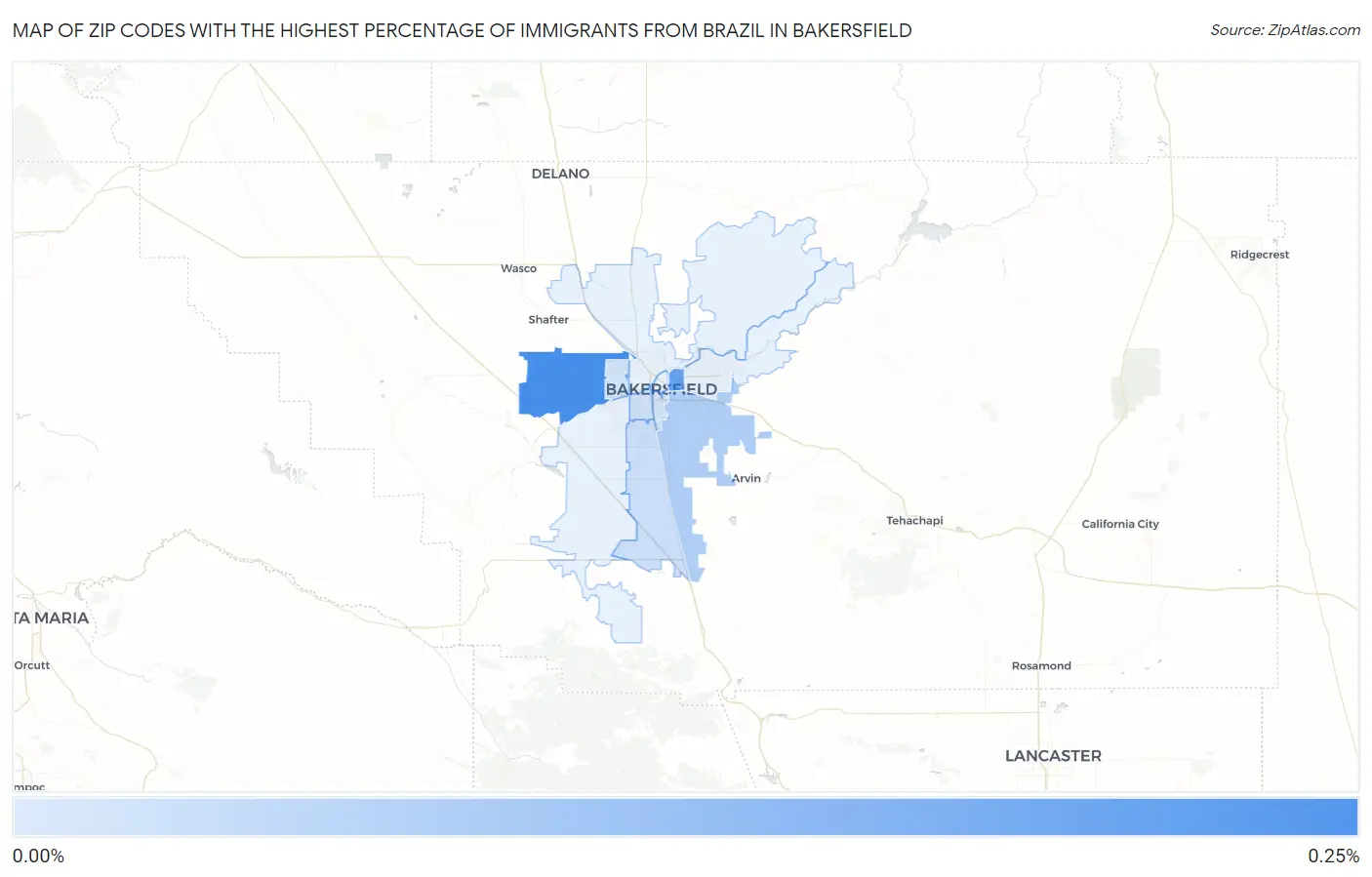 Zip Codes with the Highest Percentage of Immigrants from Brazil in Bakersfield Map