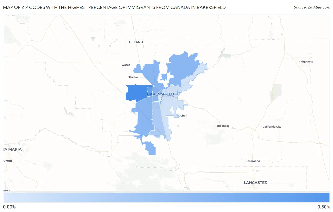 Zip Codes with the Highest Percentage of Immigrants from Canada in Bakersfield Map
