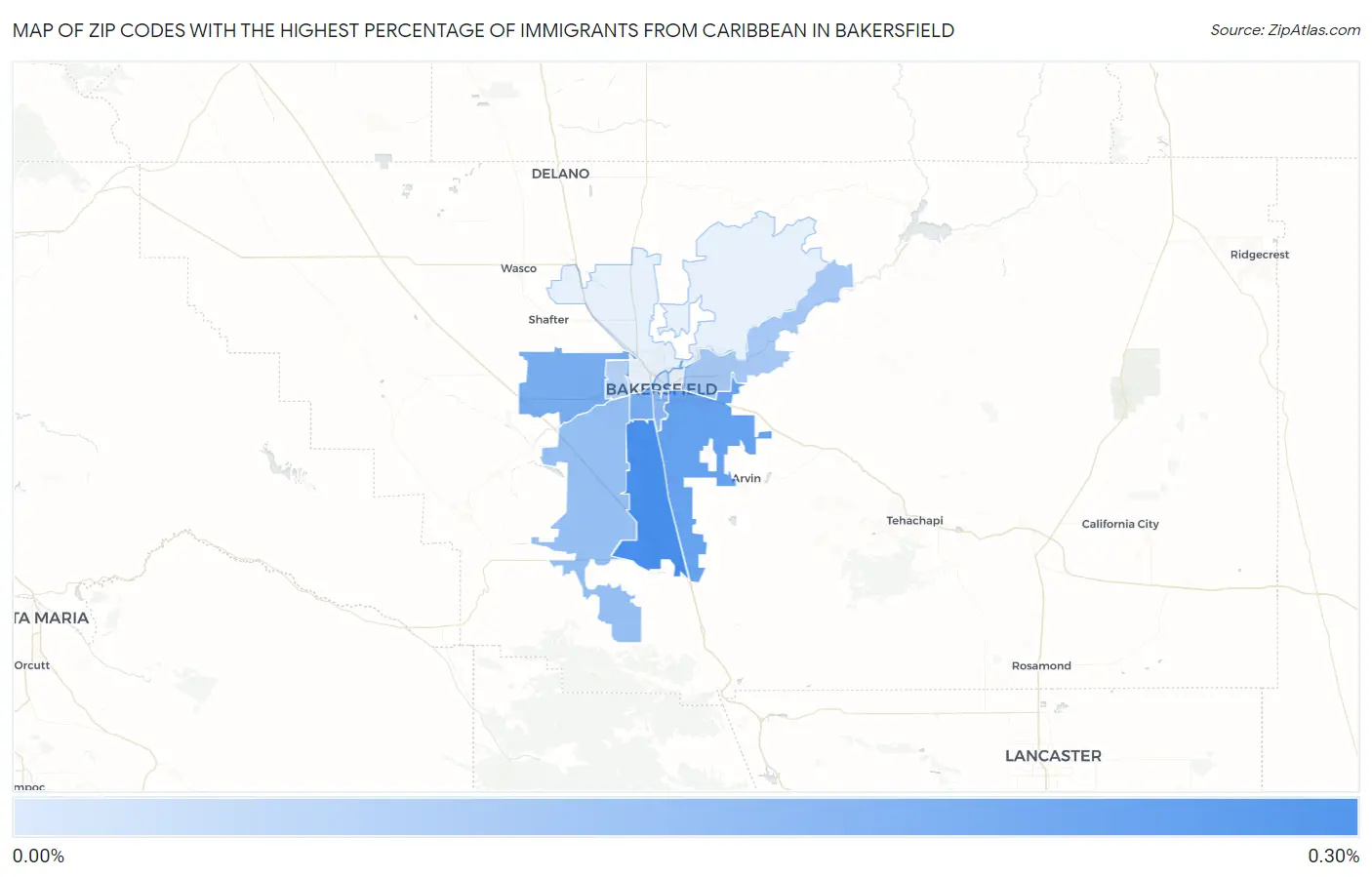 Zip Codes with the Highest Percentage of Immigrants from Caribbean in Bakersfield Map