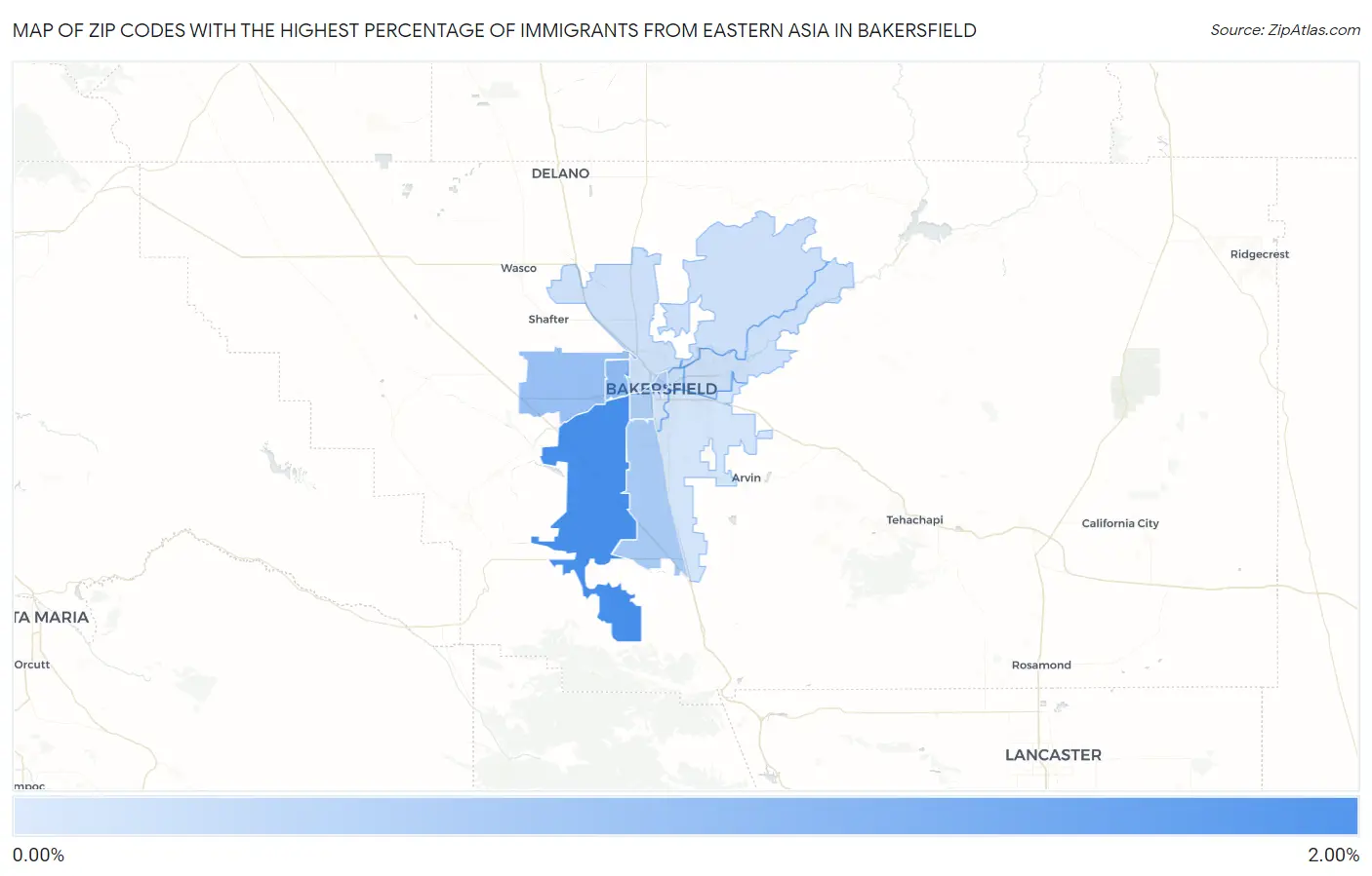 Zip Codes with the Highest Percentage of Immigrants from Eastern Asia in Bakersfield Map