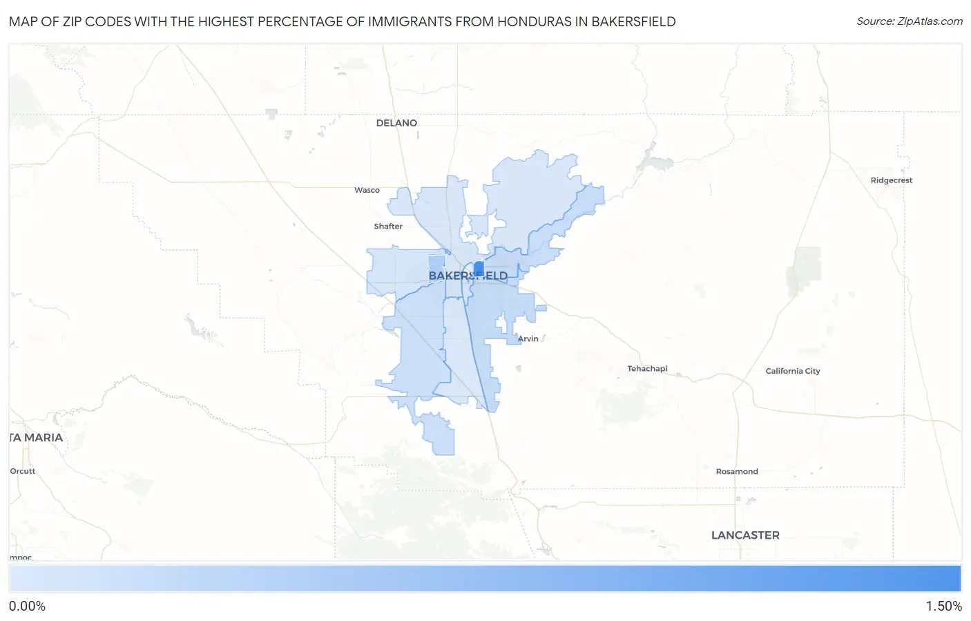 Zip Codes with the Highest Percentage of Immigrants from Honduras in Bakersfield Map