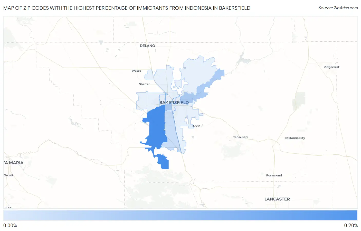 Zip Codes with the Highest Percentage of Immigrants from Indonesia in Bakersfield Map