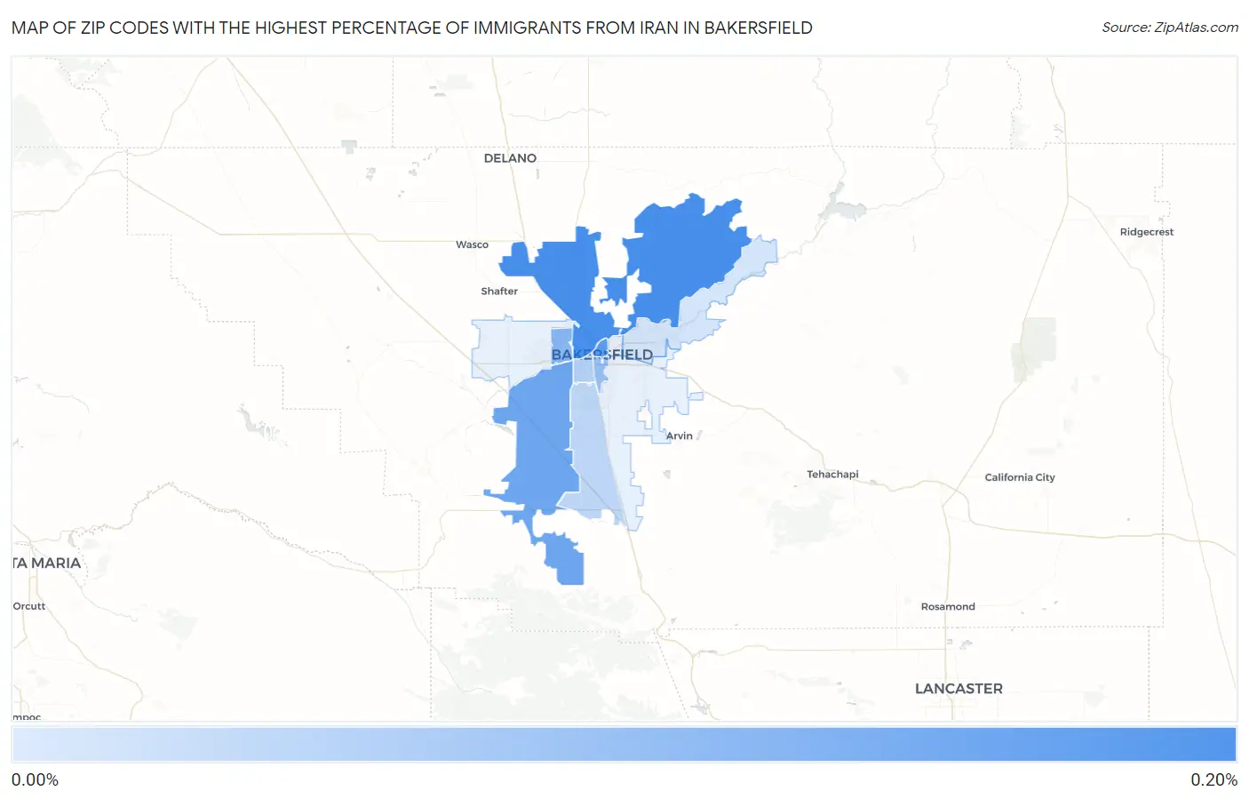 Zip Codes with the Highest Percentage of Immigrants from Iran in Bakersfield Map