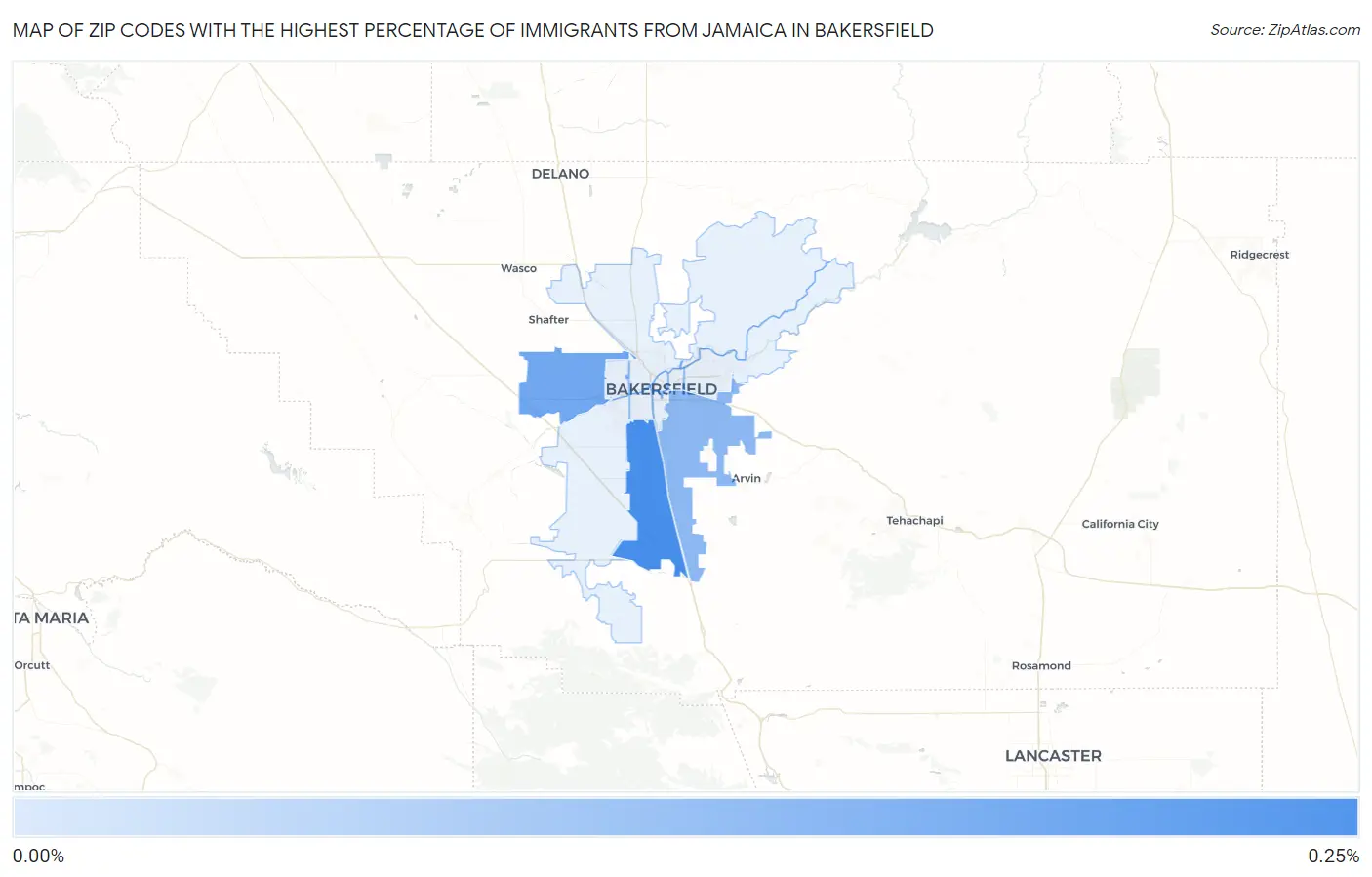 Zip Codes with the Highest Percentage of Immigrants from Jamaica in Bakersfield Map