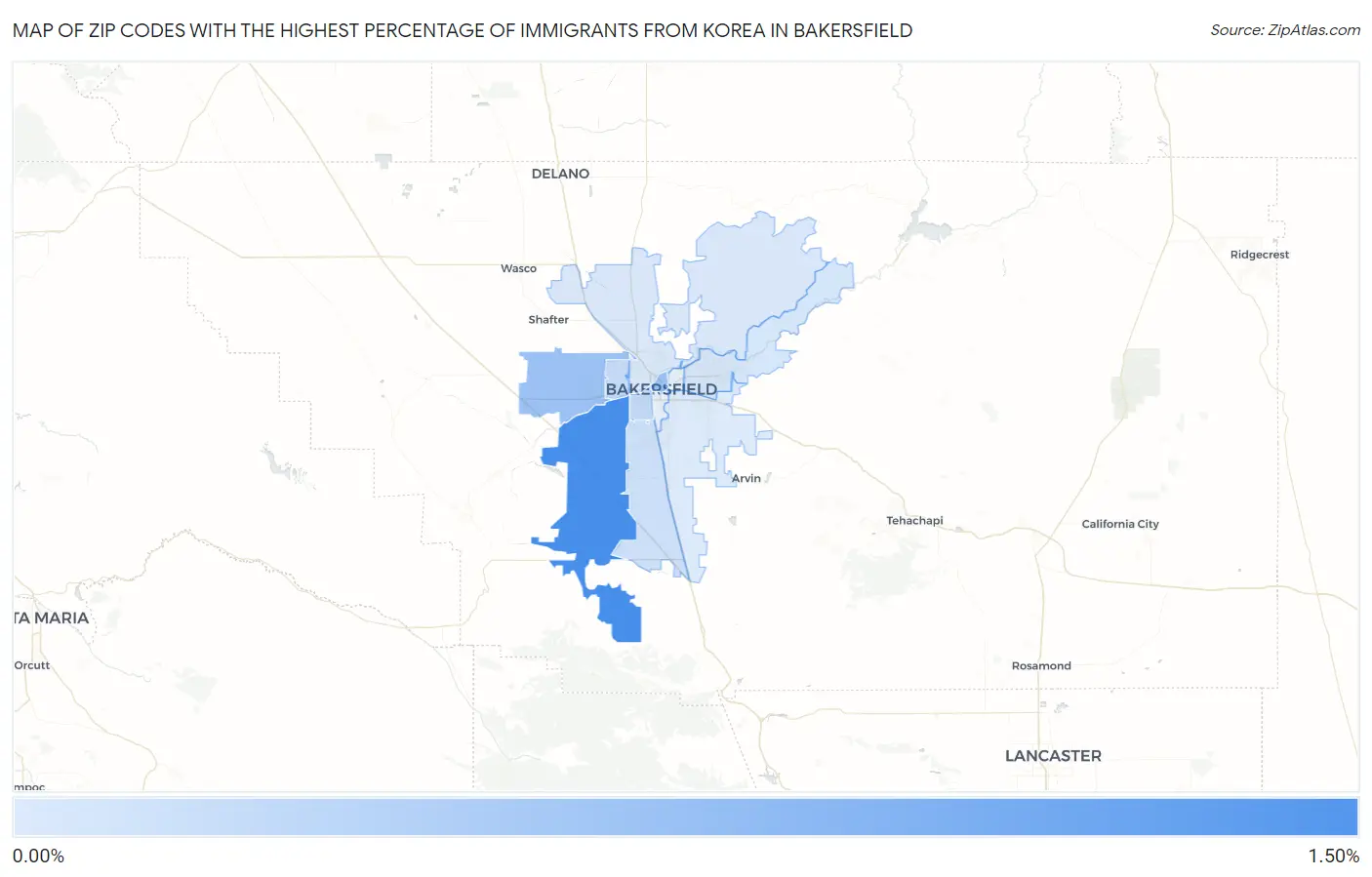Zip Codes with the Highest Percentage of Immigrants from Korea in Bakersfield Map