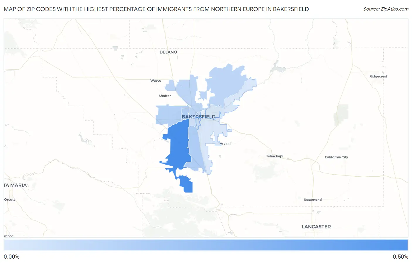 Zip Codes with the Highest Percentage of Immigrants from Northern Europe in Bakersfield Map