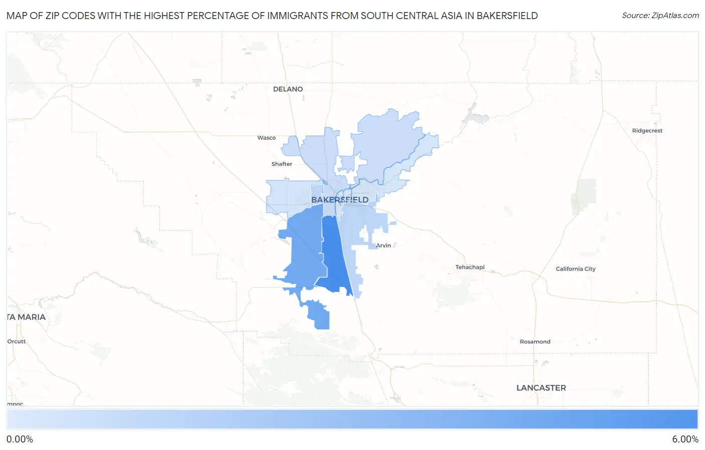 Zip Codes with the Highest Percentage of Immigrants from South Central Asia in Bakersfield Map