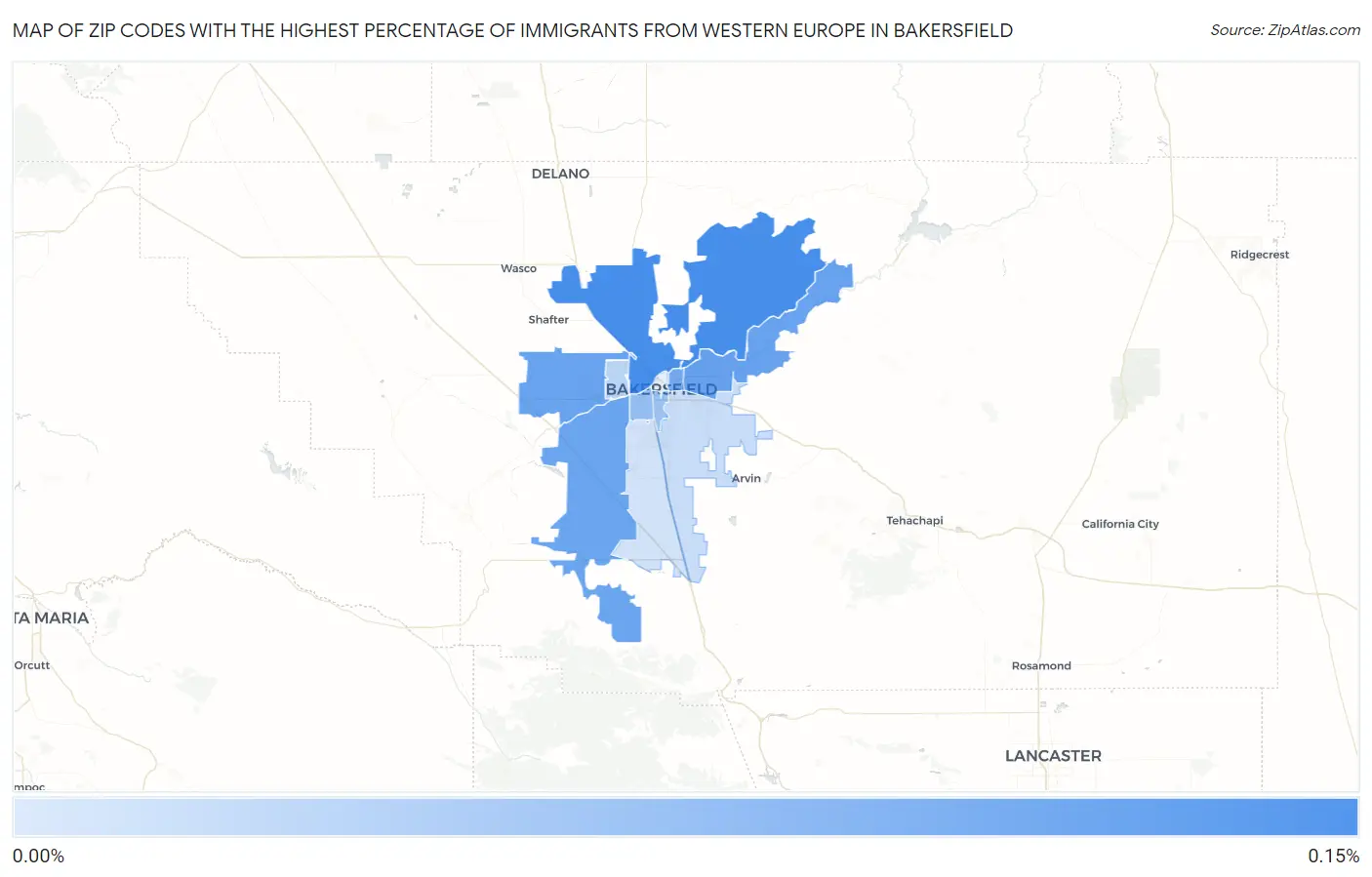 Zip Codes with the Highest Percentage of Immigrants from Western Europe in Bakersfield Map