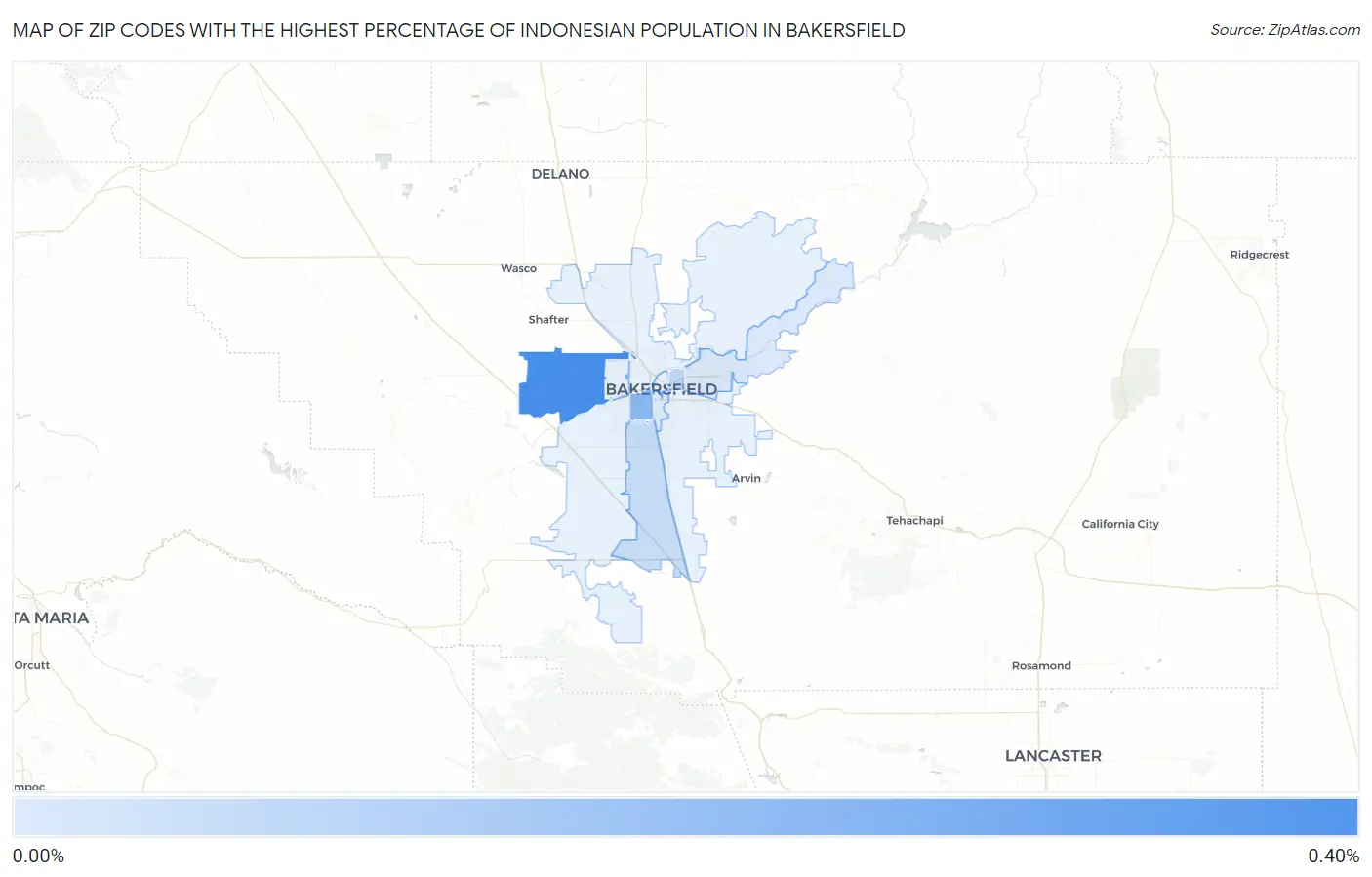 Zip Codes with the Highest Percentage of Indonesian Population in Bakersfield Map
