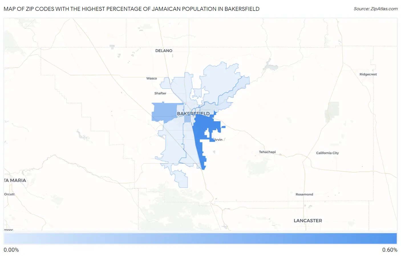 Zip Codes with the Highest Percentage of Jamaican Population in Bakersfield Map