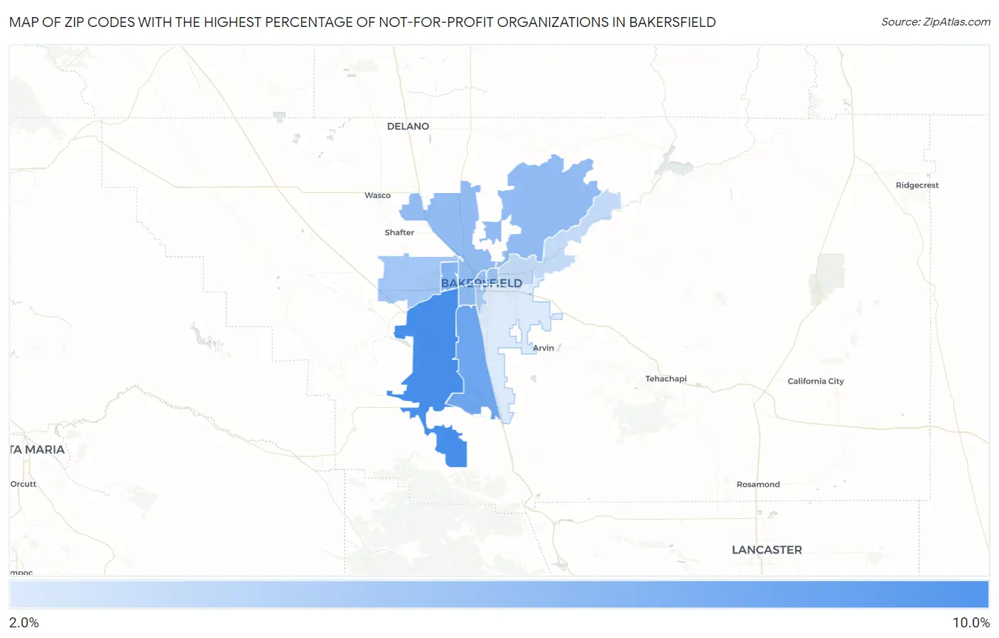 Zip Codes with the Highest Percentage of Not-for-profit Organizations in Bakersfield Map