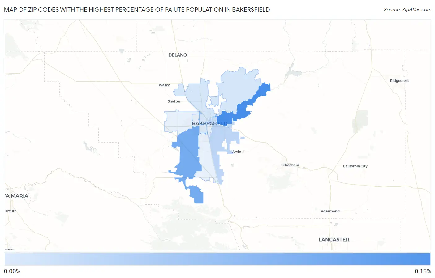 Zip Codes with the Highest Percentage of Paiute Population in Bakersfield Map