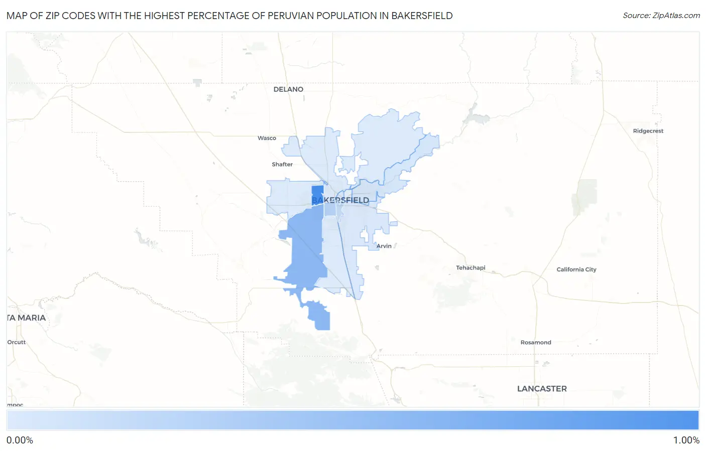 Zip Codes with the Highest Percentage of Peruvian Population in Bakersfield Map