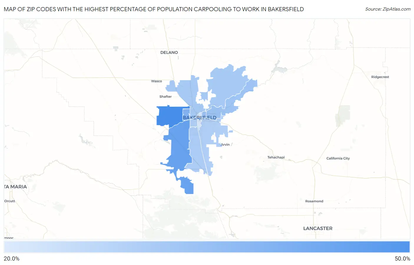 Zip Codes with the Highest Percentage of Population Carpooling to Work in Bakersfield Map