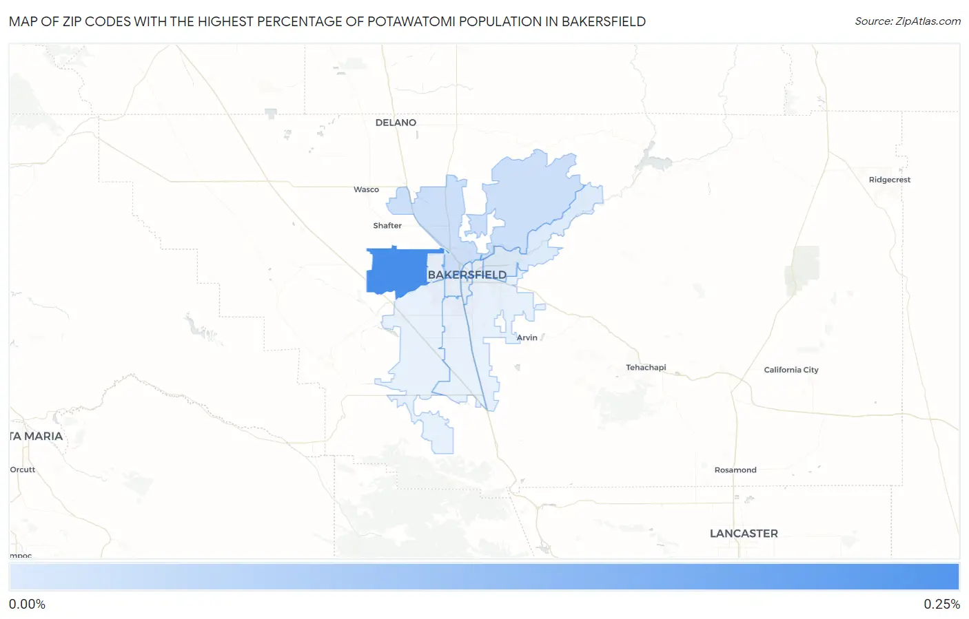 Zip Codes with the Highest Percentage of Potawatomi Population in Bakersfield Map