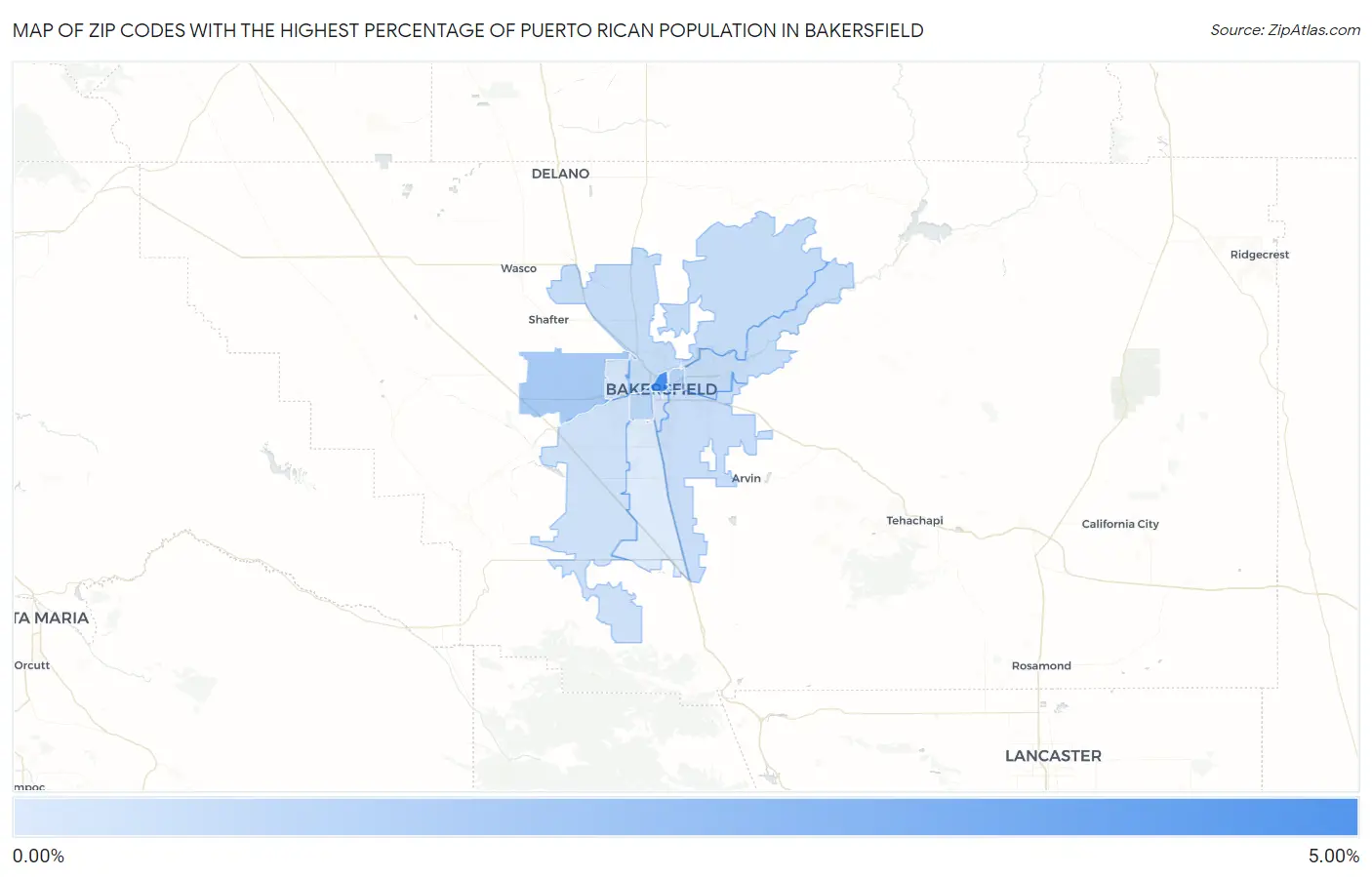 Zip Codes with the Highest Percentage of Puerto Rican Population in Bakersfield Map