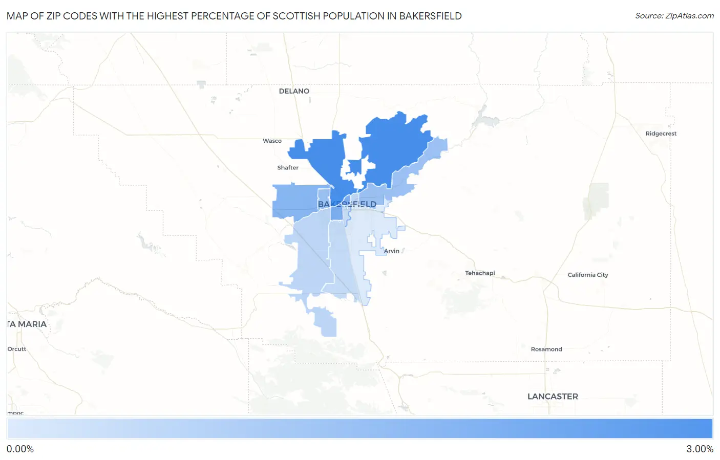 Zip Codes with the Highest Percentage of Scottish Population in Bakersfield Map
