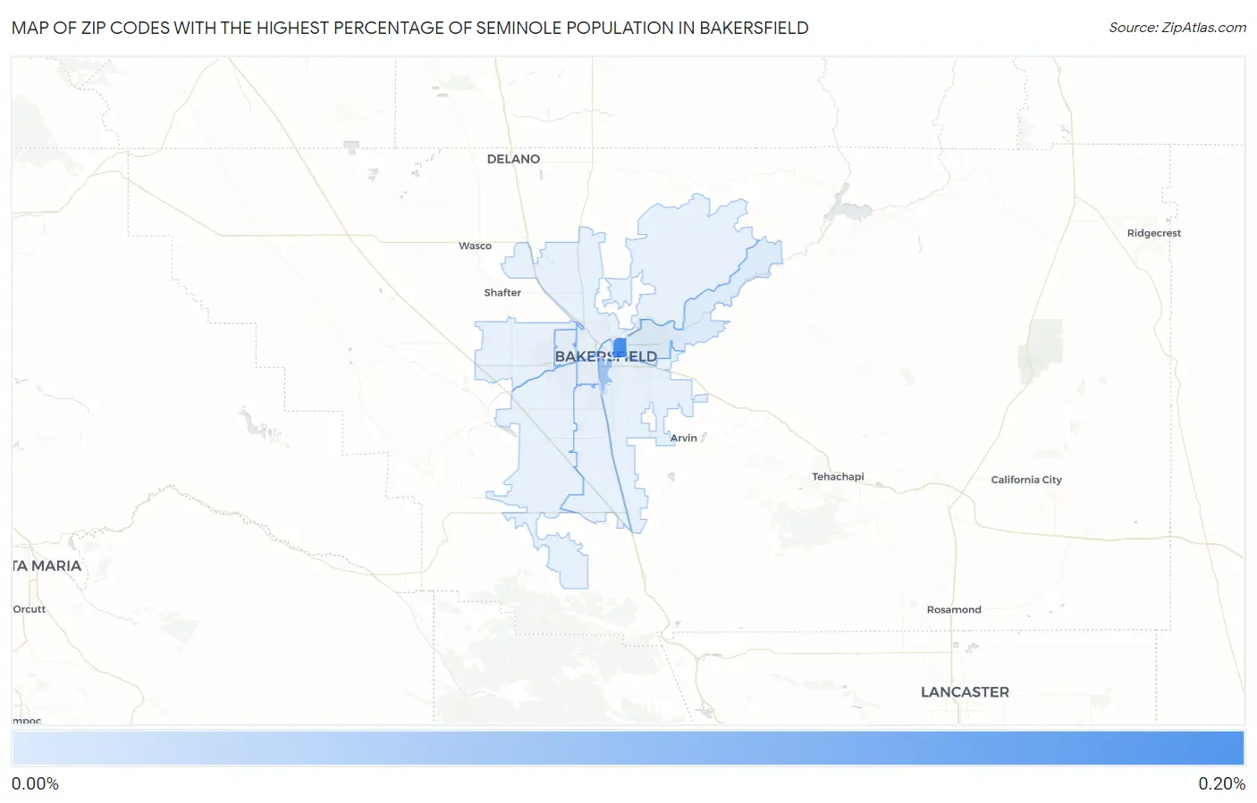 Zip Codes with the Highest Percentage of Seminole Population in Bakersfield Map