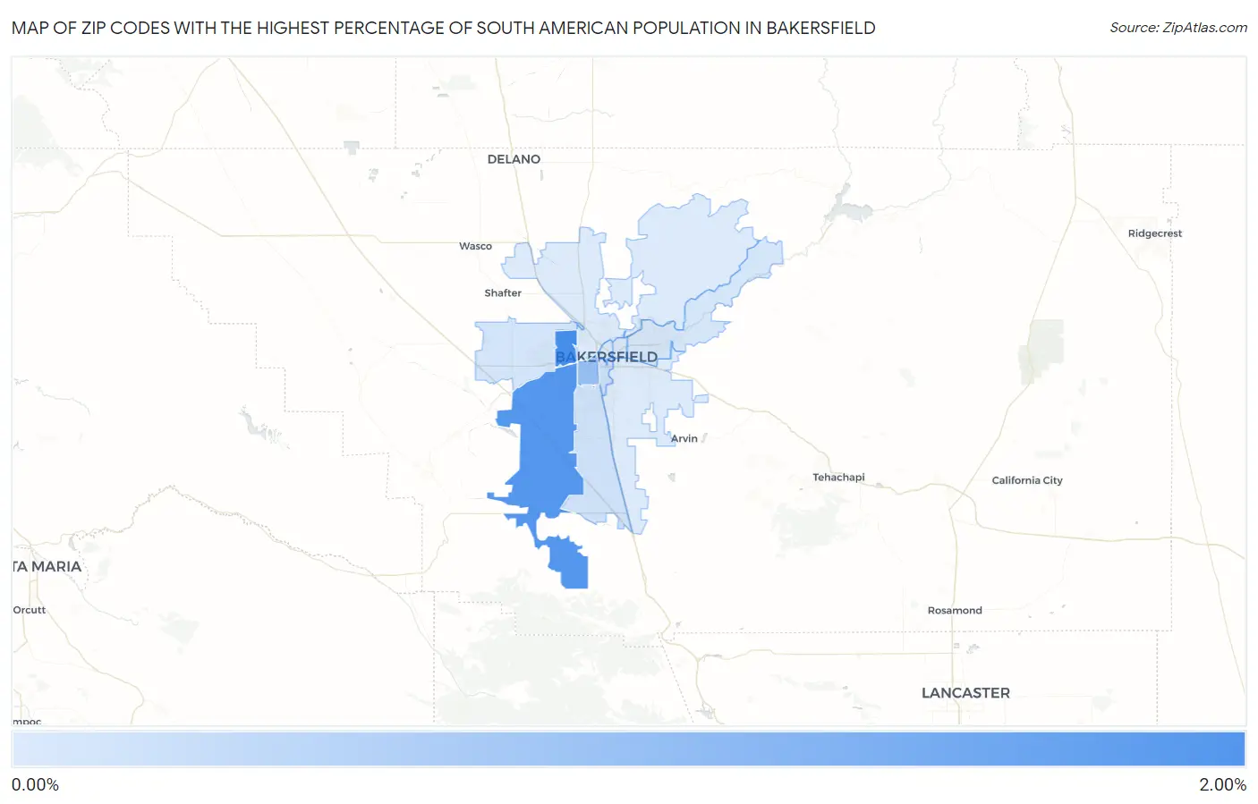 Zip Codes with the Highest Percentage of South American Population in Bakersfield Map
