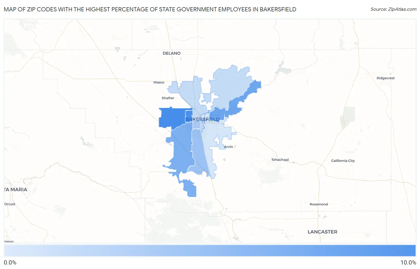 Zip Codes with the Highest Percentage of State Government Employees in Bakersfield Map