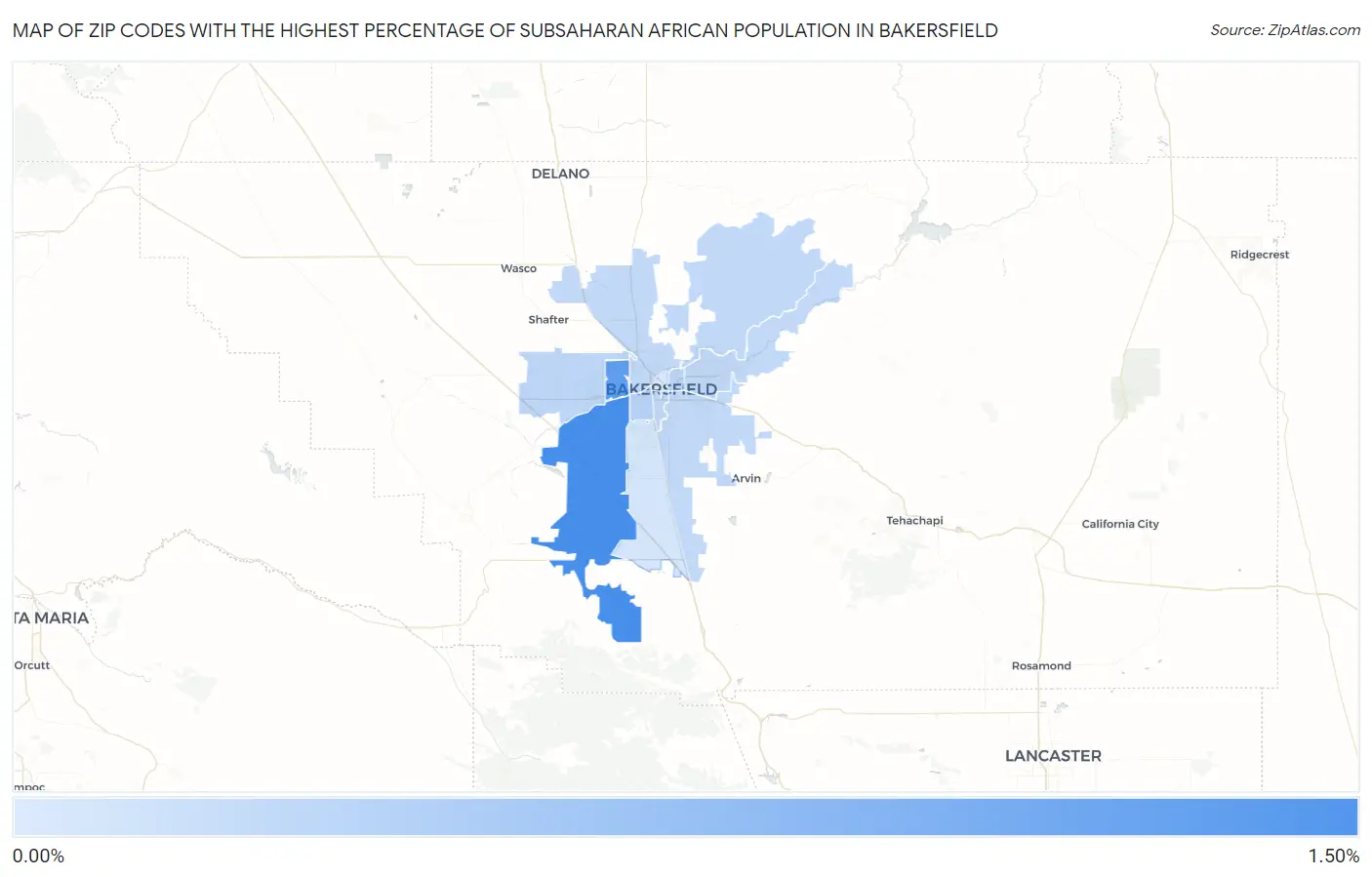 Zip Codes with the Highest Percentage of Subsaharan African Population in Bakersfield Map
