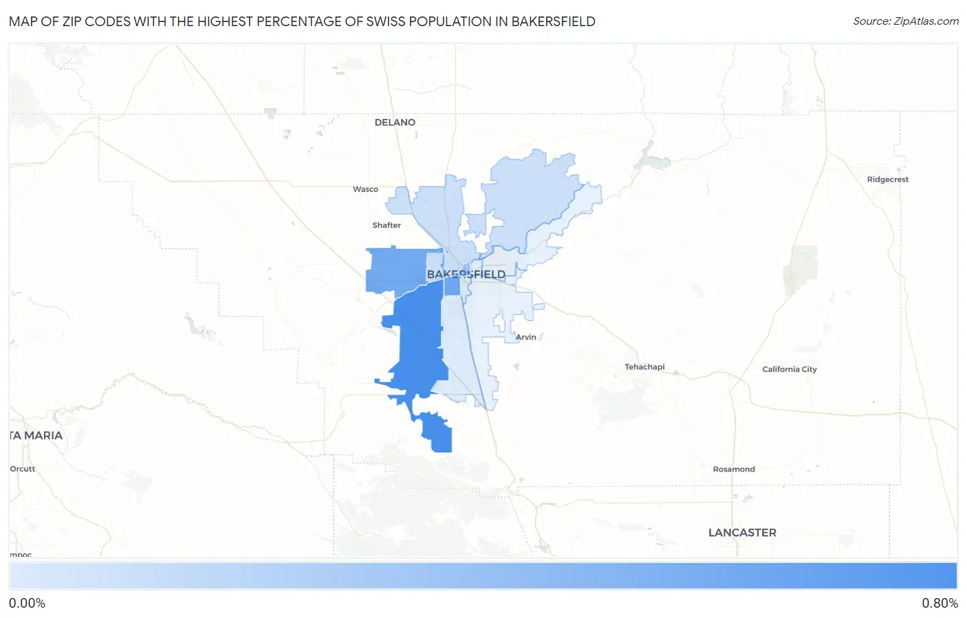 Zip Codes with the Highest Percentage of Swiss Population in Bakersfield Map