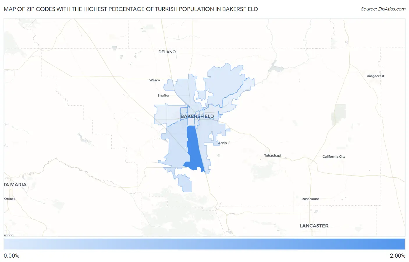 Zip Codes with the Highest Percentage of Turkish Population in Bakersfield Map
