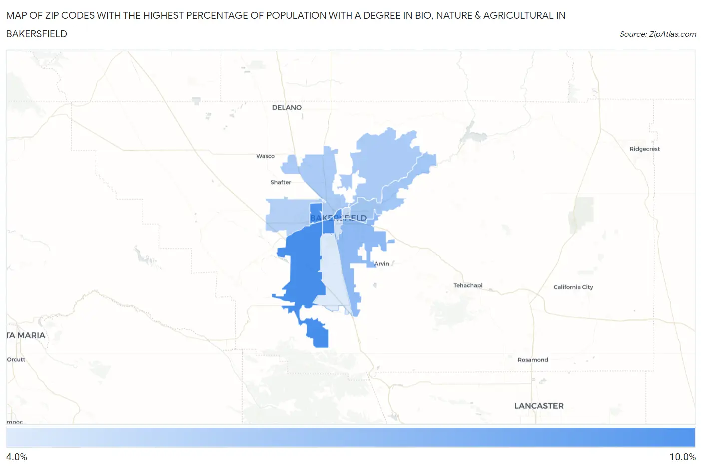 Zip Codes with the Highest Percentage of Population with a Degree in Bio, Nature & Agricultural in Bakersfield Map
