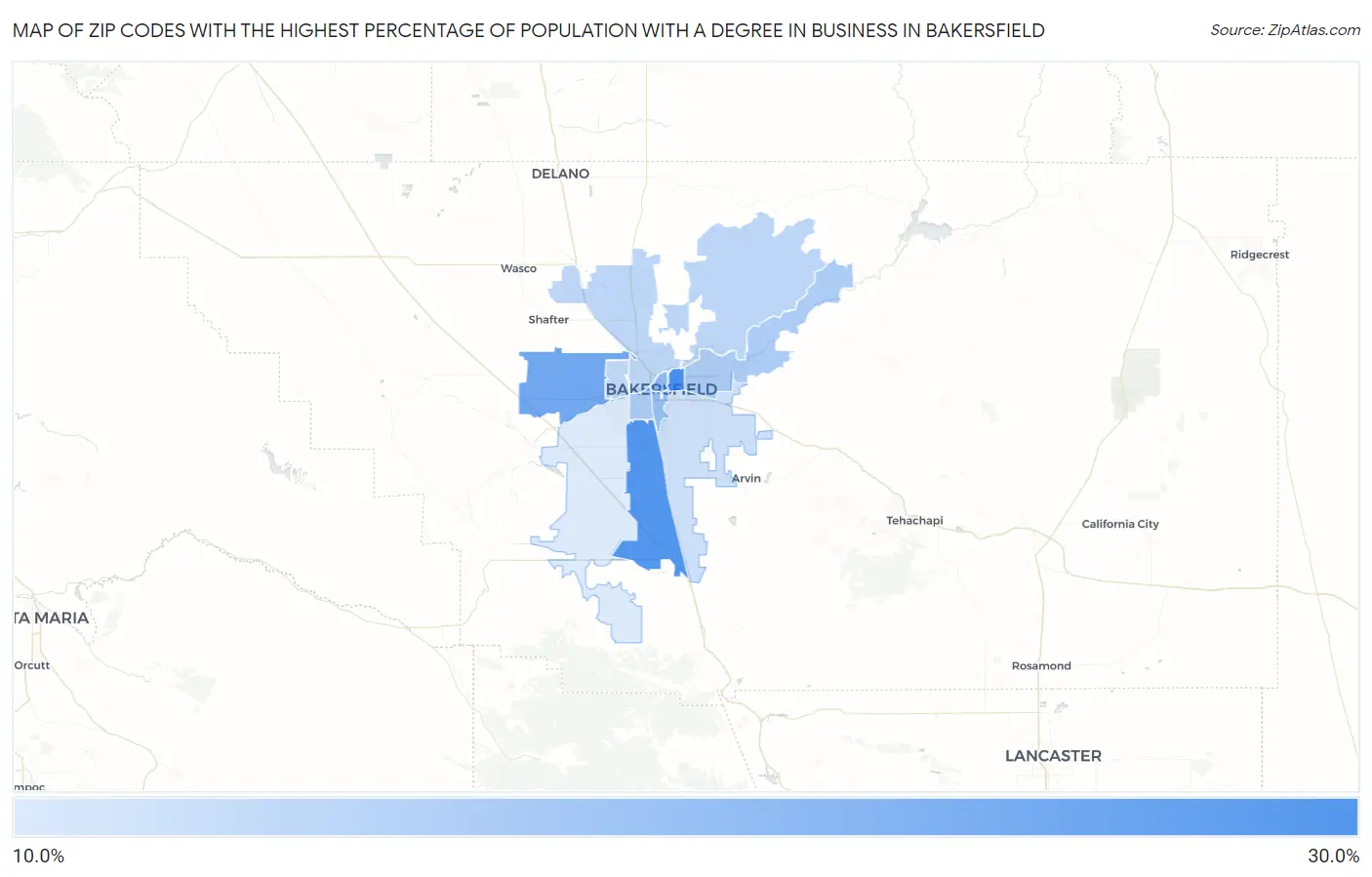 Zip Codes with the Highest Percentage of Population with a Degree in Business in Bakersfield Map