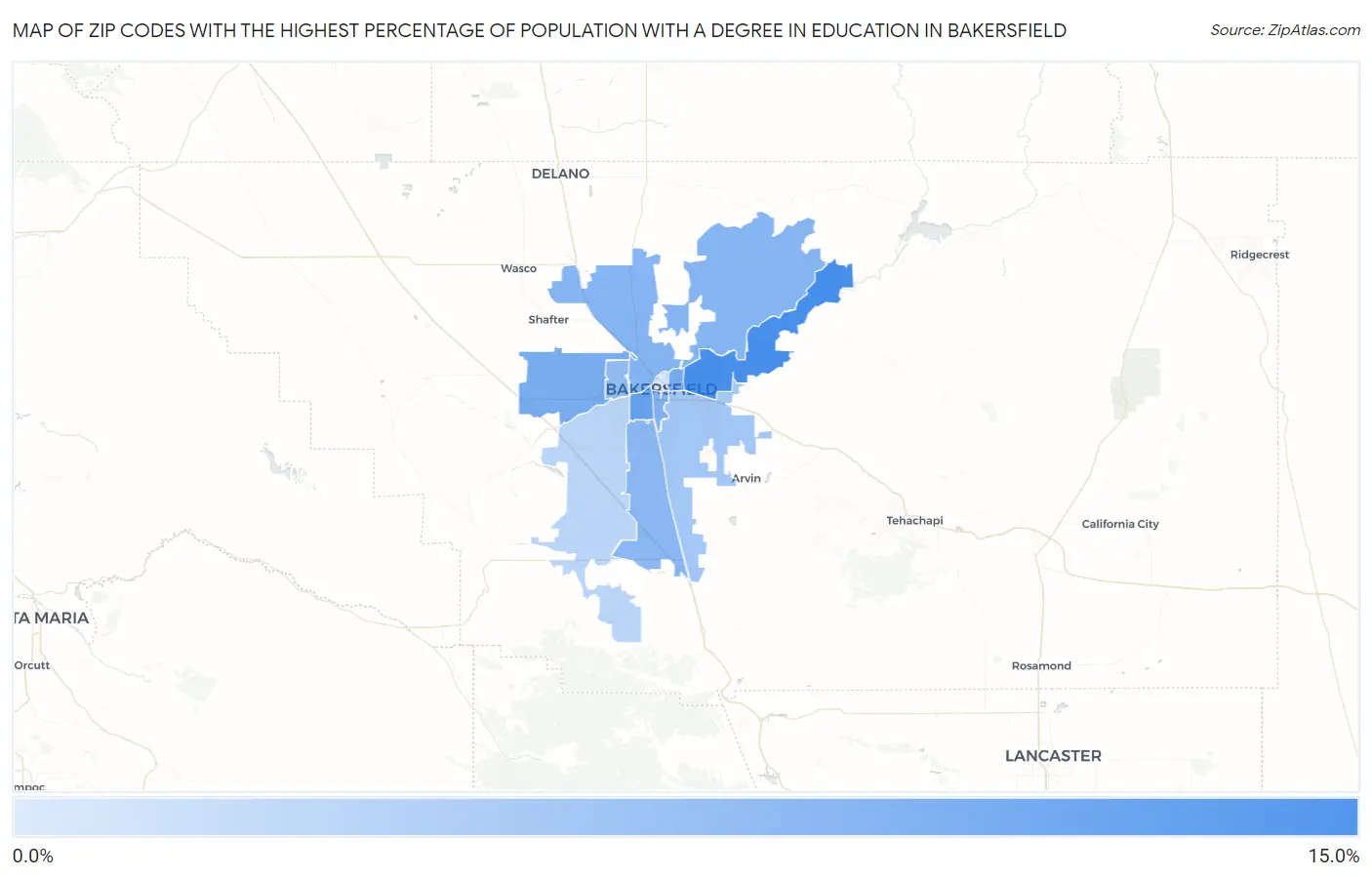 Zip Codes with the Highest Percentage of Population with a Degree in Education in Bakersfield Map