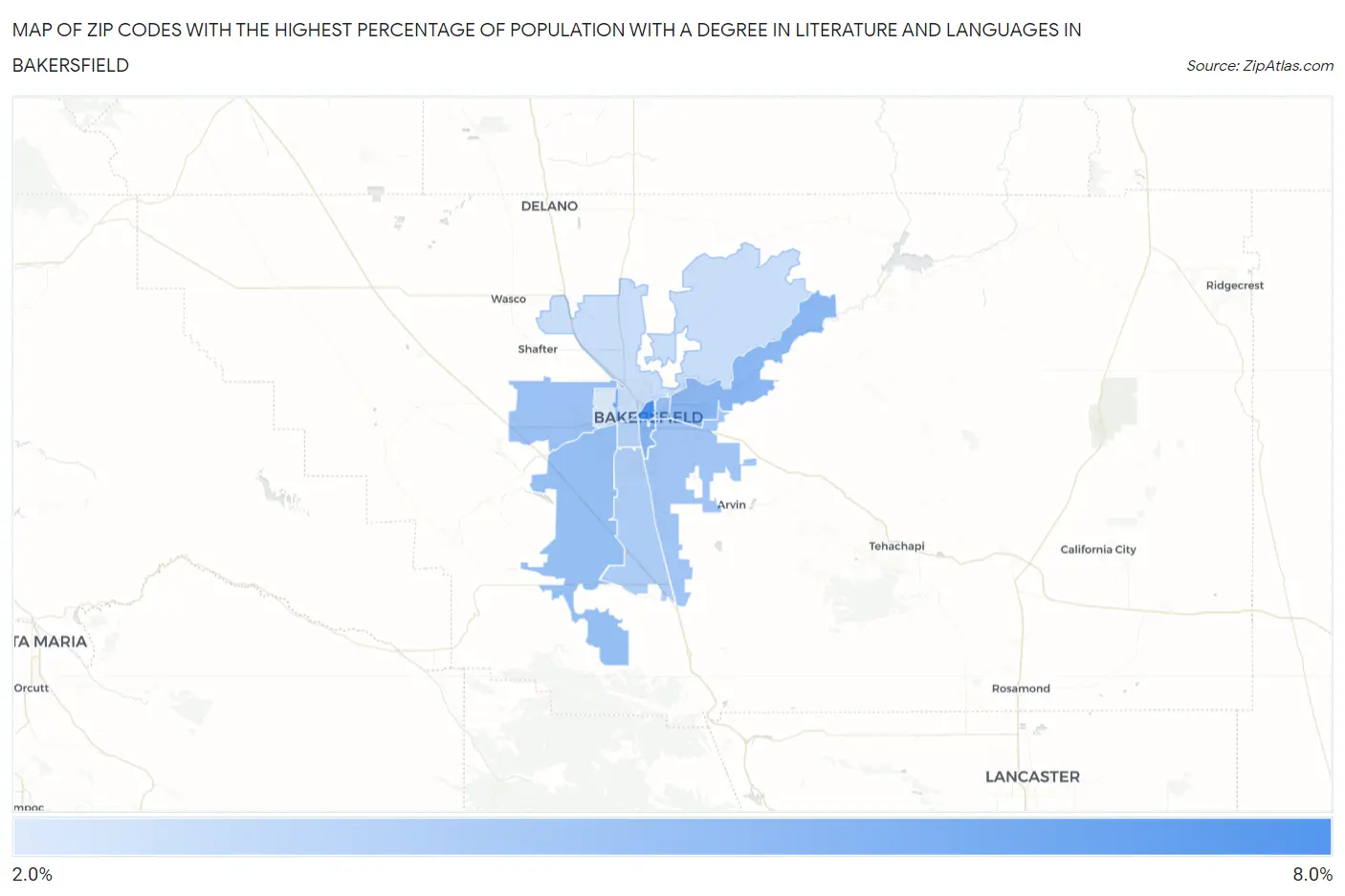 Zip Codes with the Highest Percentage of Population with a Degree in Literature and Languages in Bakersfield Map