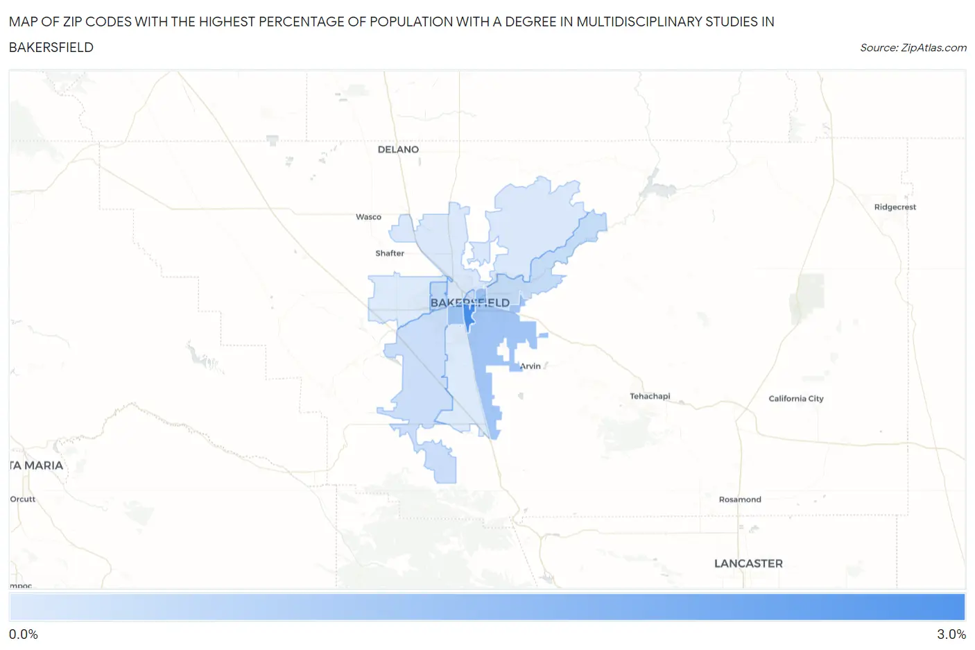 Zip Codes with the Highest Percentage of Population with a Degree in Multidisciplinary Studies in Bakersfield Map