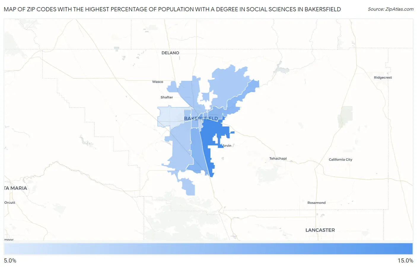 Zip Codes with the Highest Percentage of Population with a Degree in Social Sciences in Bakersfield Map