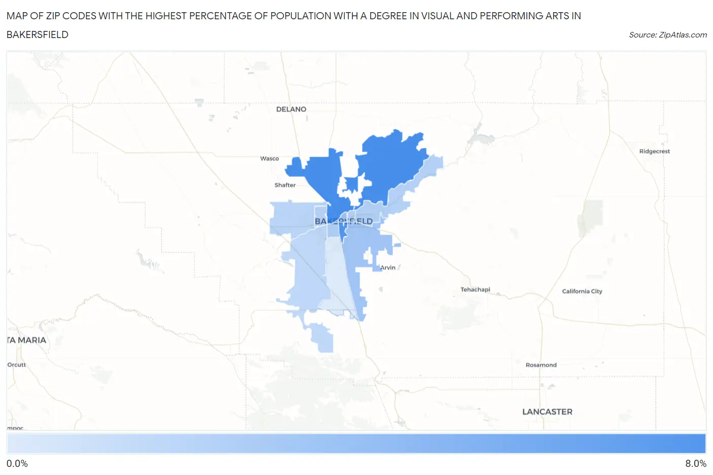 Zip Codes with the Highest Percentage of Population with a Degree in Visual and Performing Arts in Bakersfield Map