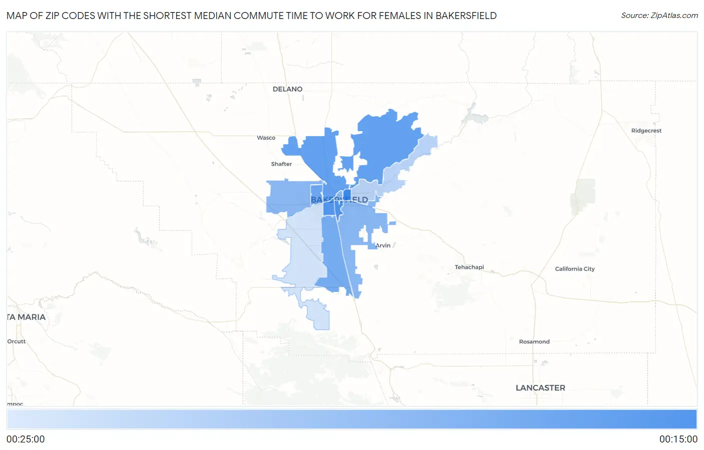 Zip Codes with the Shortest Median Commute Time to Work for Females in Bakersfield Map