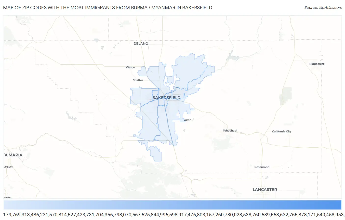 Zip Codes with the Most Immigrants from Burma / Myanmar in Bakersfield Map