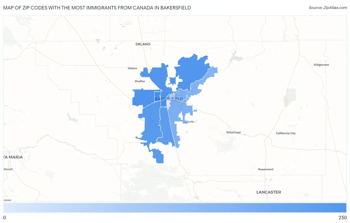 Zip Codes with the Most Immigrants from Canada in Bakersfield Map