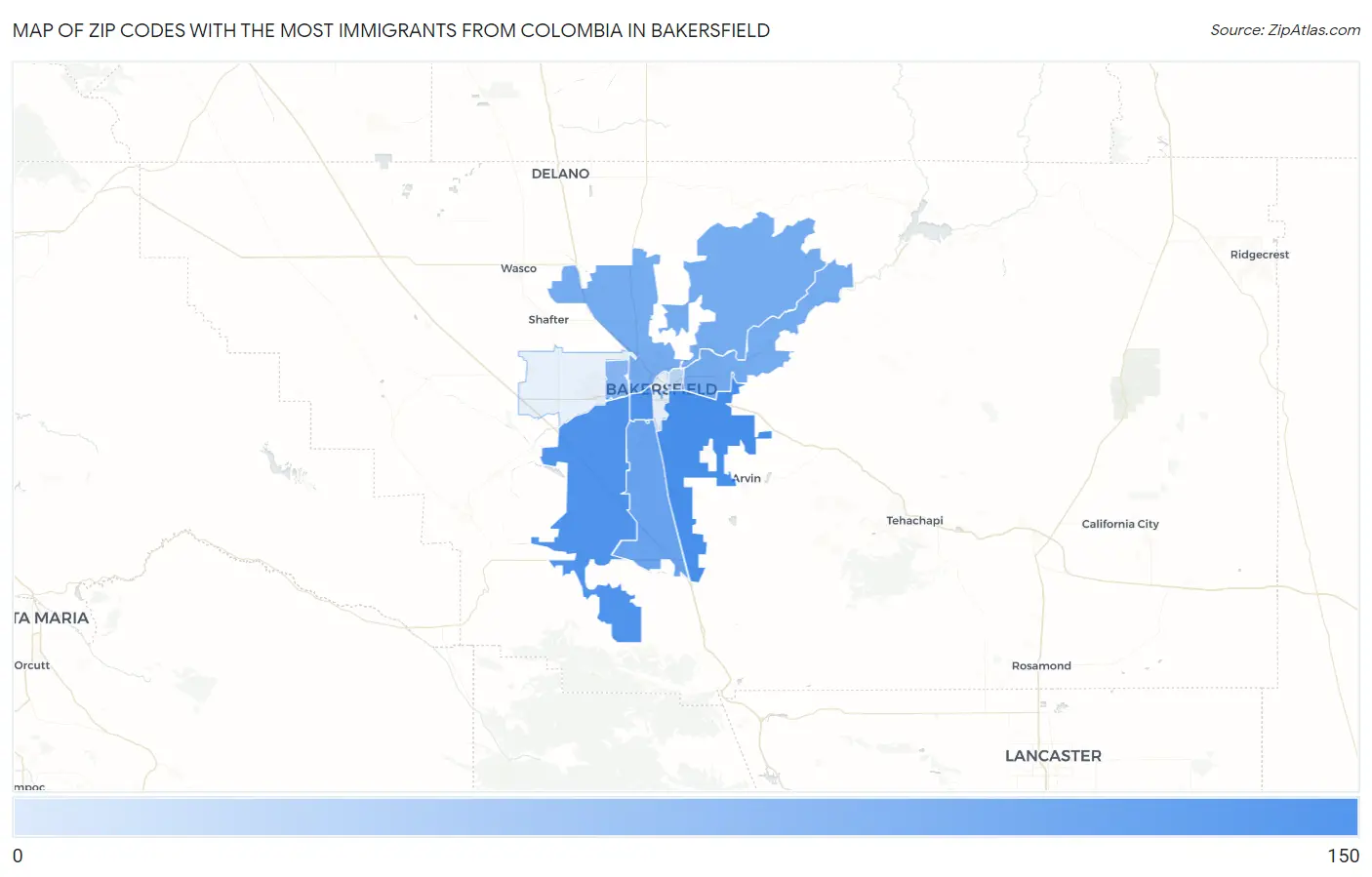 Zip Codes with the Most Immigrants from Colombia in Bakersfield Map