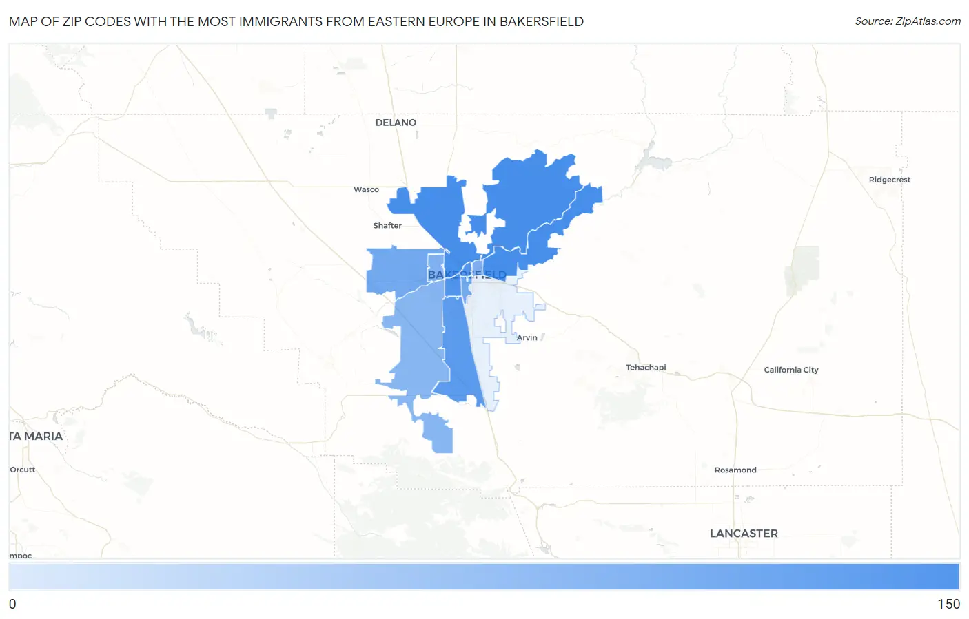 Zip Codes with the Most Immigrants from Eastern Europe in Bakersfield Map