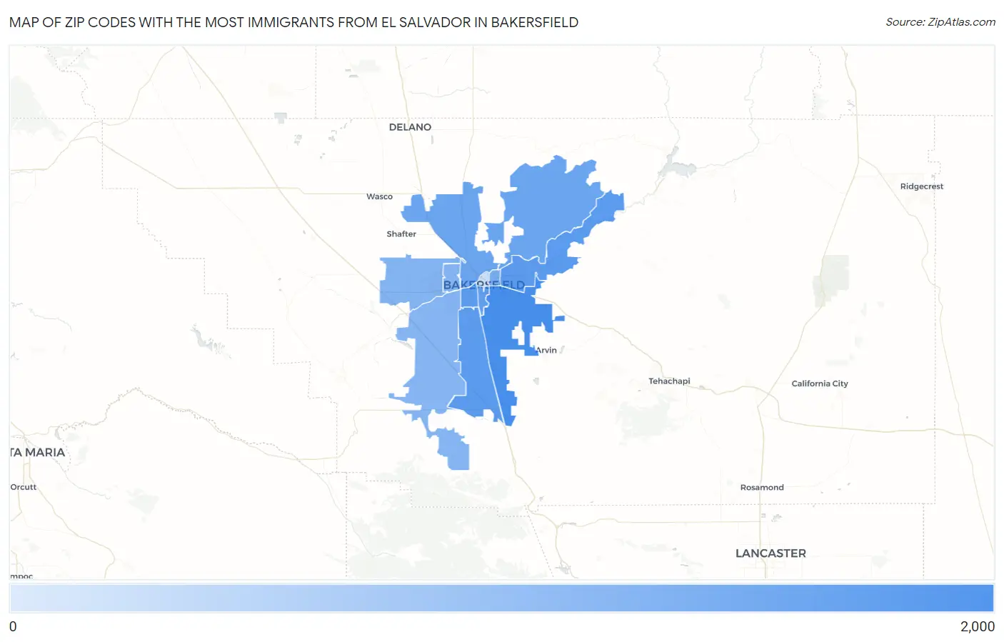 Zip Codes with the Most Immigrants from El Salvador in Bakersfield Map