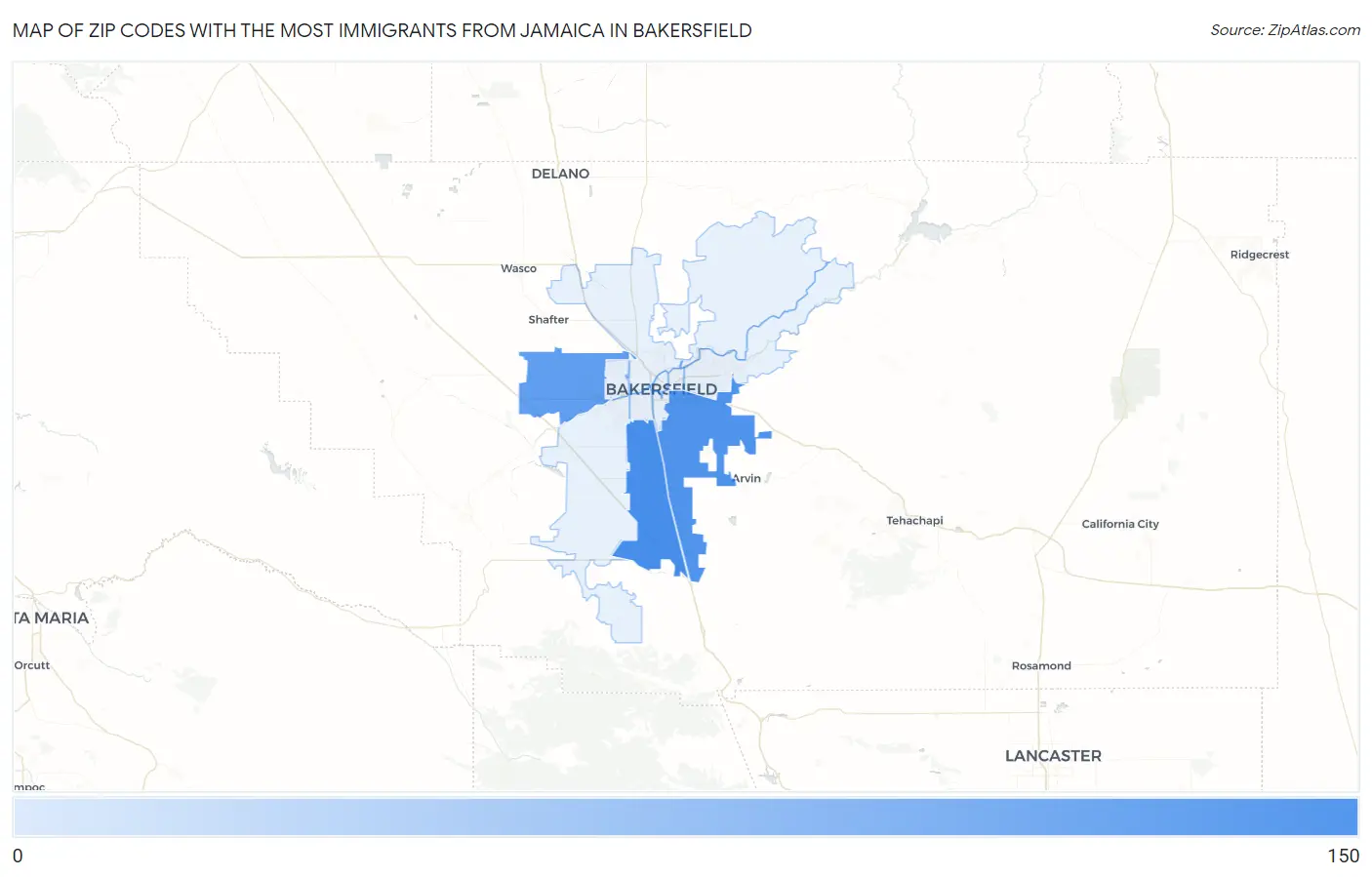 Zip Codes with the Most Immigrants from Jamaica in Bakersfield Map