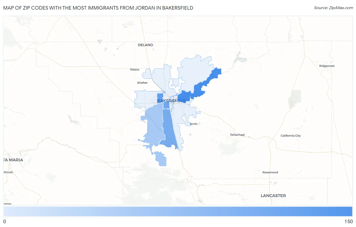 Zip Codes with the Most Immigrants from Jordan in Bakersfield Map