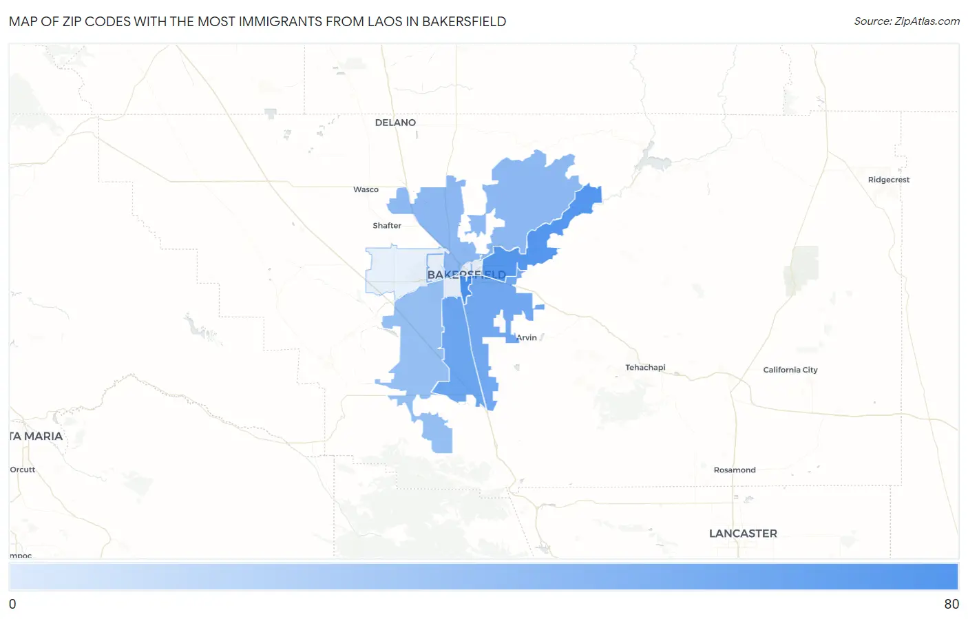 Zip Codes with the Most Immigrants from Laos in Bakersfield Map