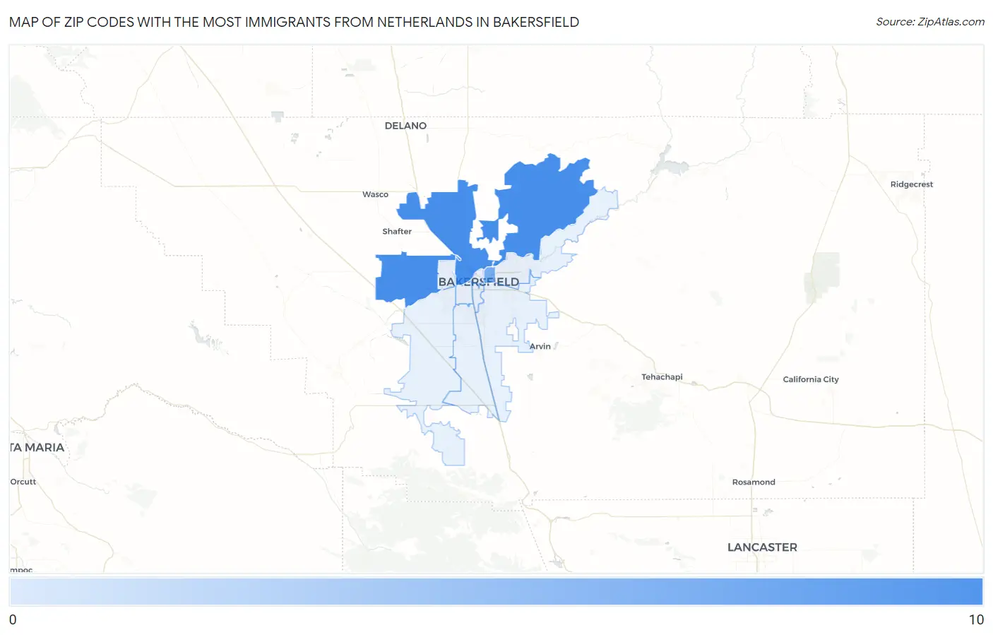 Zip Codes with the Most Immigrants from Netherlands in Bakersfield Map
