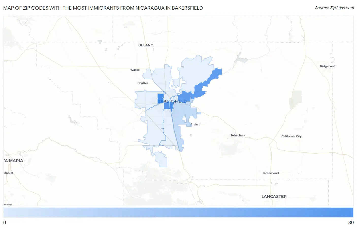 Zip Codes with the Most Immigrants from Nicaragua in Bakersfield Map