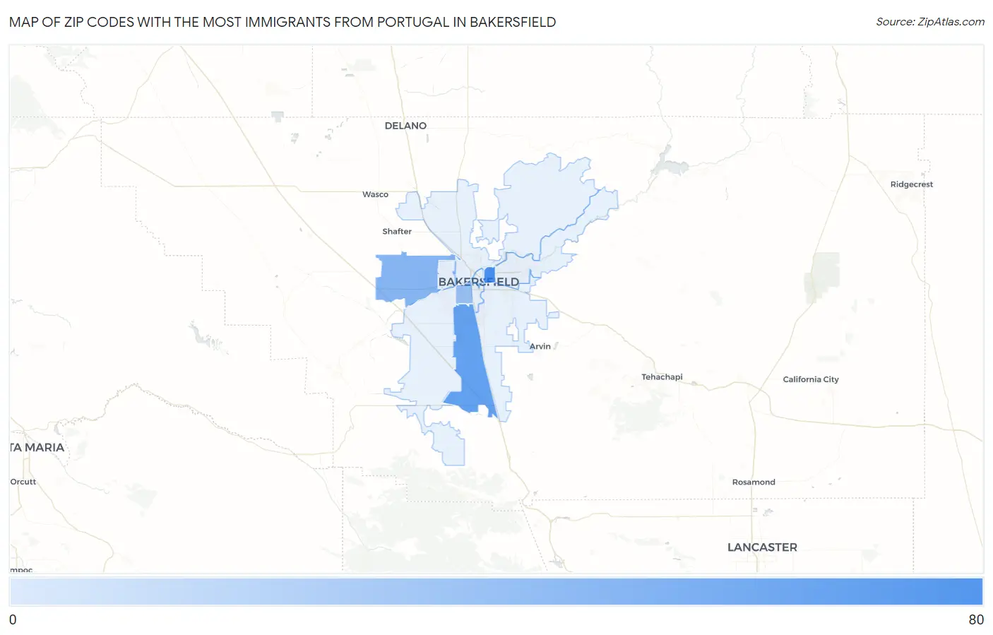 Zip Codes with the Most Immigrants from Portugal in Bakersfield Map