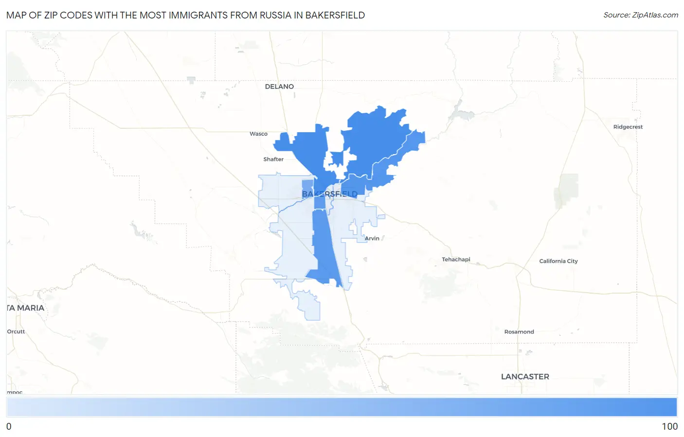 Zip Codes with the Most Immigrants from Russia in Bakersfield Map