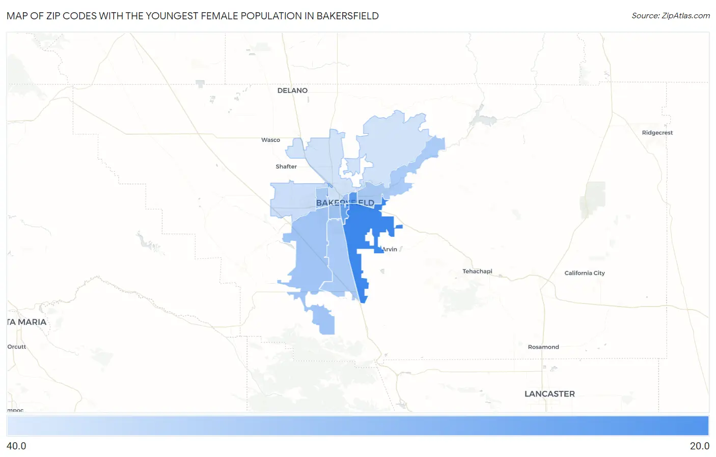 Zip Codes with the Youngest Female Population in Bakersfield Map