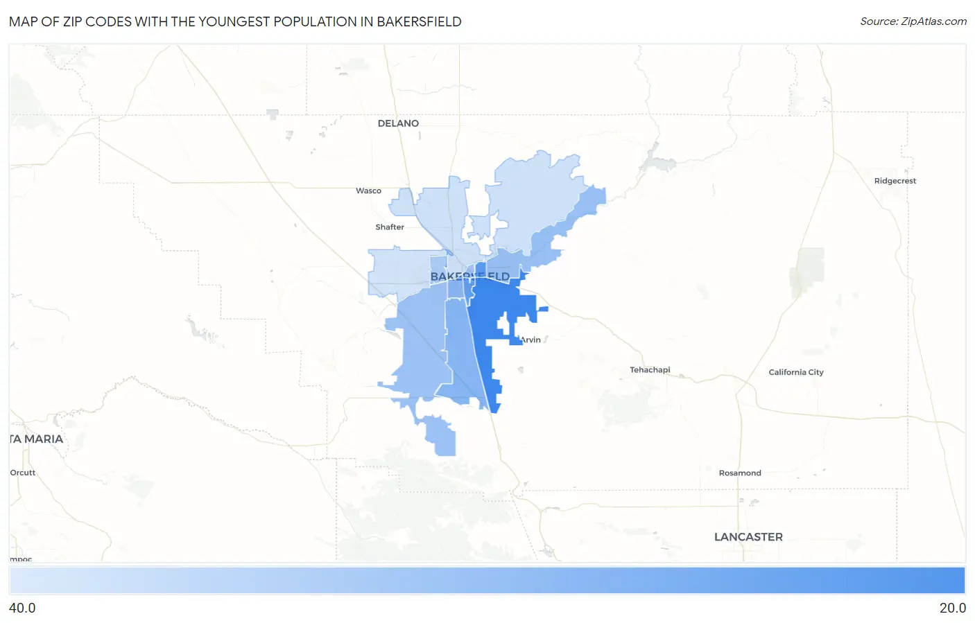 Zip Codes with the Youngest Population in Bakersfield Map