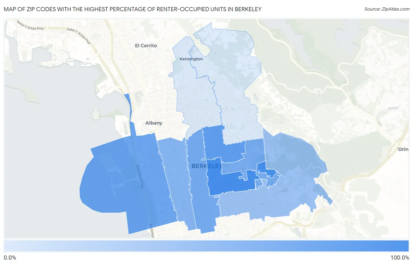 Zip Codes with the Highest Percentage of Renter-Occupied Units in Berkeley Map